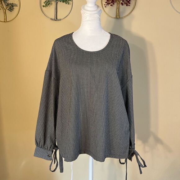NWT! FRNCH Paris Blue White Gingham Check Long Tie Sleeve Blouse M/L - Picture 2 of 11